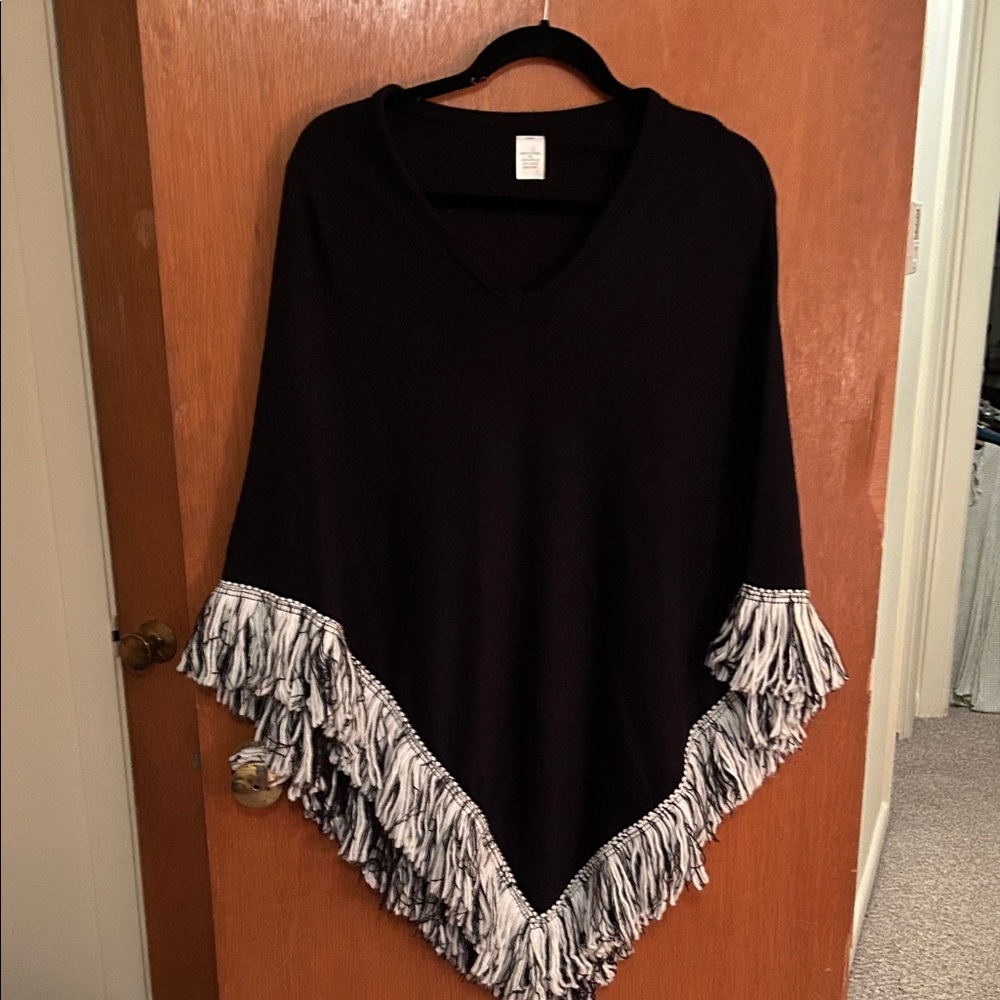 Black and White Fringed Women's Sweater/Poncho